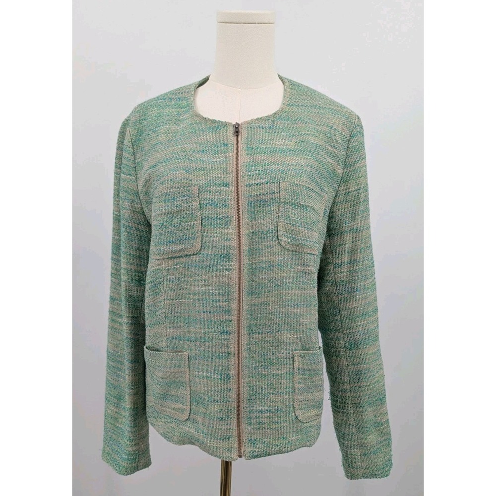 J. Jill Stretch Green Tweed Blazer Jacket Womens Size Large Linen Blend Full Zip